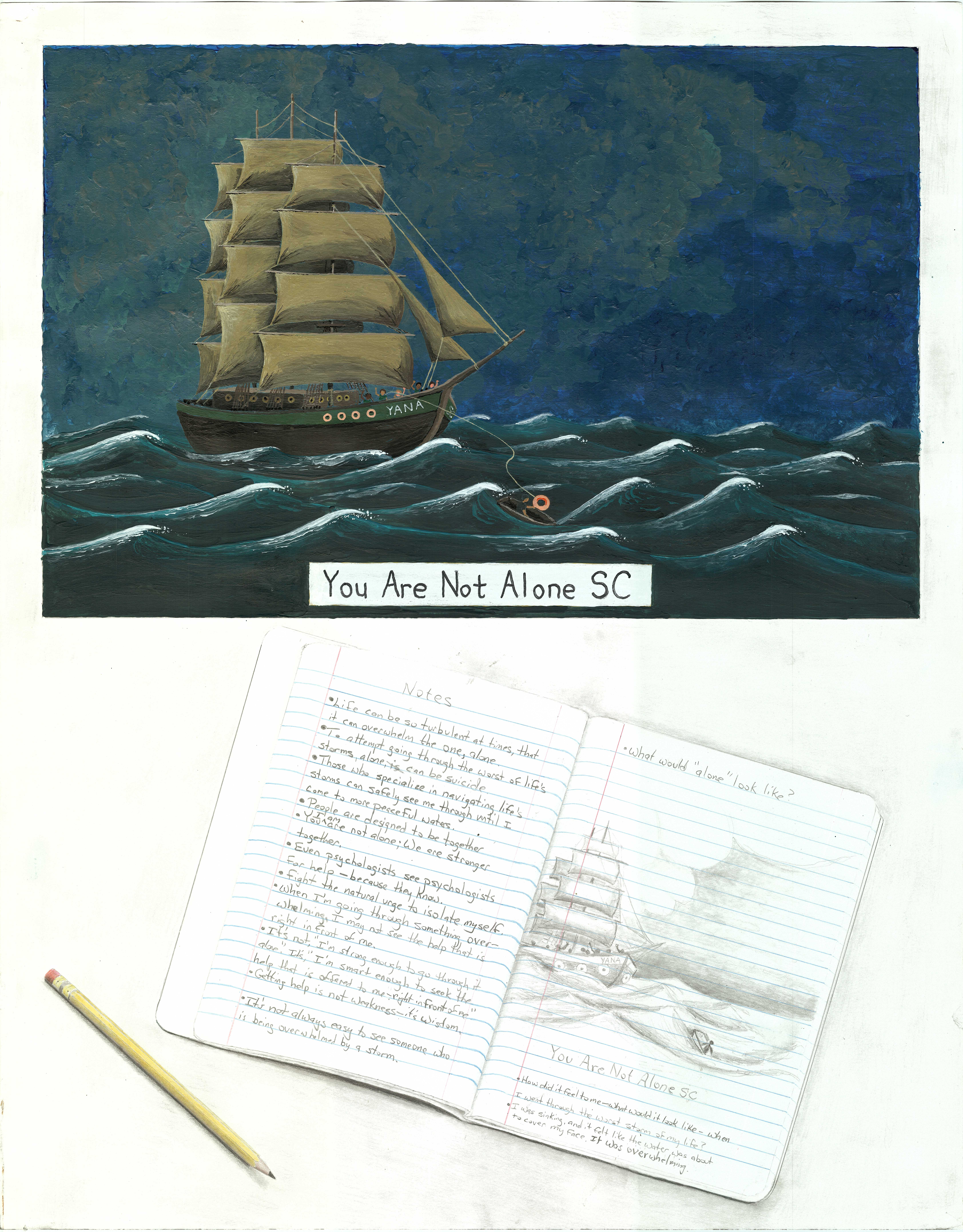 painting of a large ship on a turbulent sea, with a life preserver extended to someone in a small boat. next to the painting is a notebook filled with handwritten notes, a sketch of the painting, and a pencil.